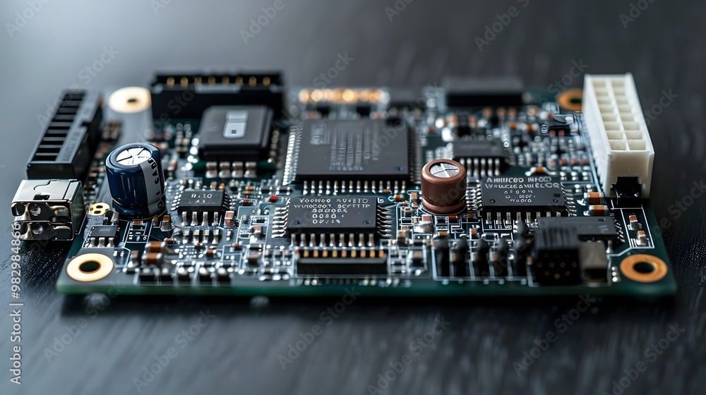 Close-up view of a computer circuit board showcasing intricate components and connections, ideal for technology projects. Close-up view of a computer circuit board showcasing intricate components and connections, ideal for technology projects.
