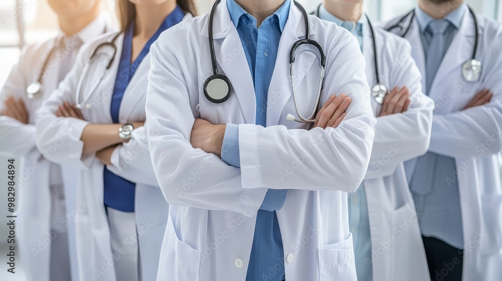 A group of doctors stand together in a line, all wearing white coats A group of doctors stand together in a line, all wearing white coats