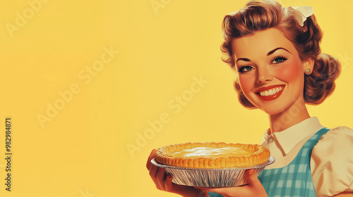 A vintage commercial style illustration of a perfect retro style traditional housewife in candy colours, smiling and holding a fresh baked pie. Wide landscape 16:9 with copy space, text blank photo