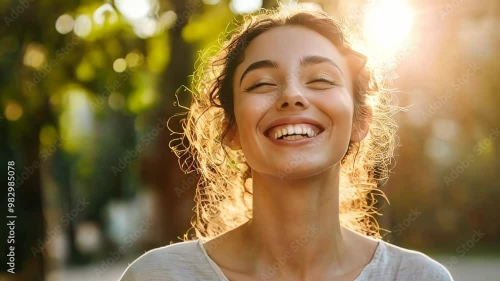 A joyful young woman smiles brightly in a sunlit park during early evening, surrounded by green trees and warm sunlight A joyful young woman smiles brightly in a sunlit park during early evening, surrounded by green trees and warm sunlight