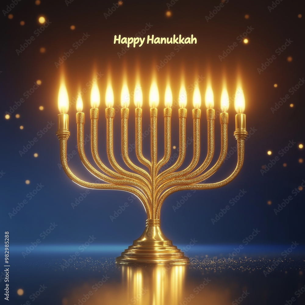 Happy Hanukkah, 3D Elegant Menorah Lighting of a beautifully ornate menorah with glowing candles Happy Hanukkah, 3D Elegant Menorah Lighting of a beautifully ornate menorah with glowing candles