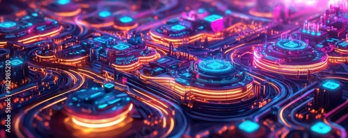 Wallpaper Mural Vibrant futuristic cityscape with glowing circuits and neon colors, showcasing a mesmerizing digital landscape. Torontodigital.ca