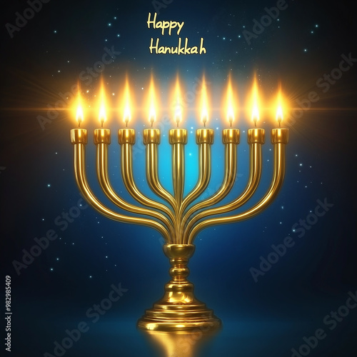 Happy Hanukkah, 3D Elegant Menorah Lighting  of a beautifully ornate menorah with glowing candles