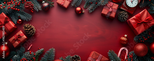 New Year background with red paper and red gift boxes.