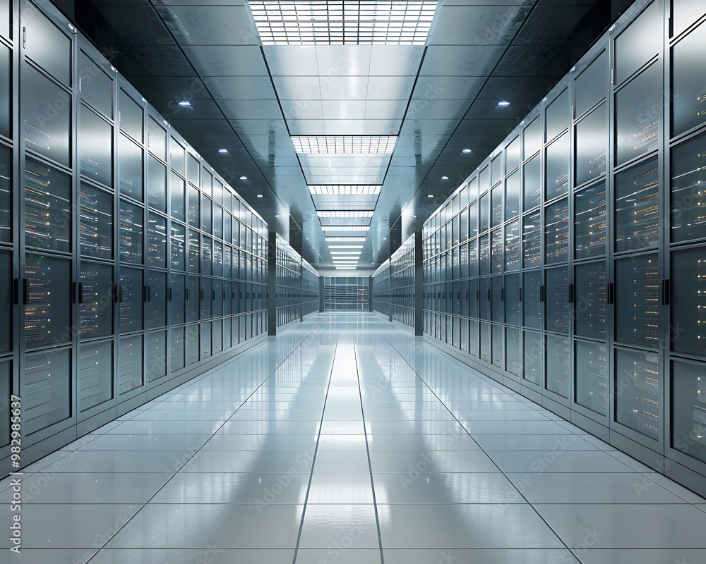 Modern data center hallway showcasing rows of sleek server racks and bright, efficient lighting for optimal energy use. Modern data center hallway showcasing rows of sleek server racks and bright, efficient lighting for optimal energy use.
