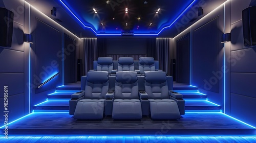 Modern home cinema design featuring blue LED lights, luxurious seating, and a cozy atmosphere for film enthusiasts.