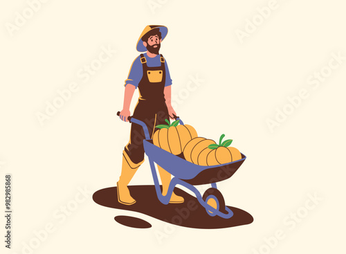 A farmer wearing a hat pushes a wheelbarrow filled with pumpkins. Cartoon-style illustration of a farmer engaged in harvest work.