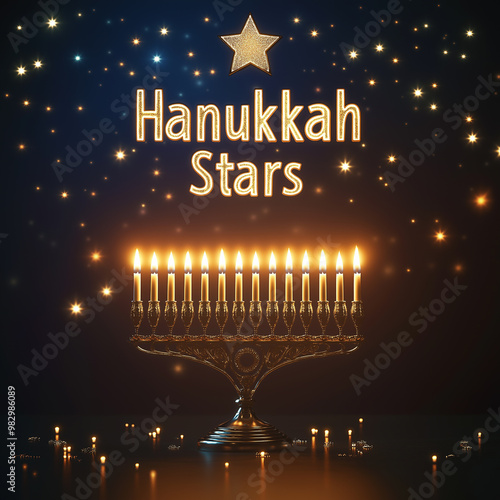 Happy Hanukkah, 3D Elegant Menorah Lighting  of a beautifully ornate menorah with glowing candles