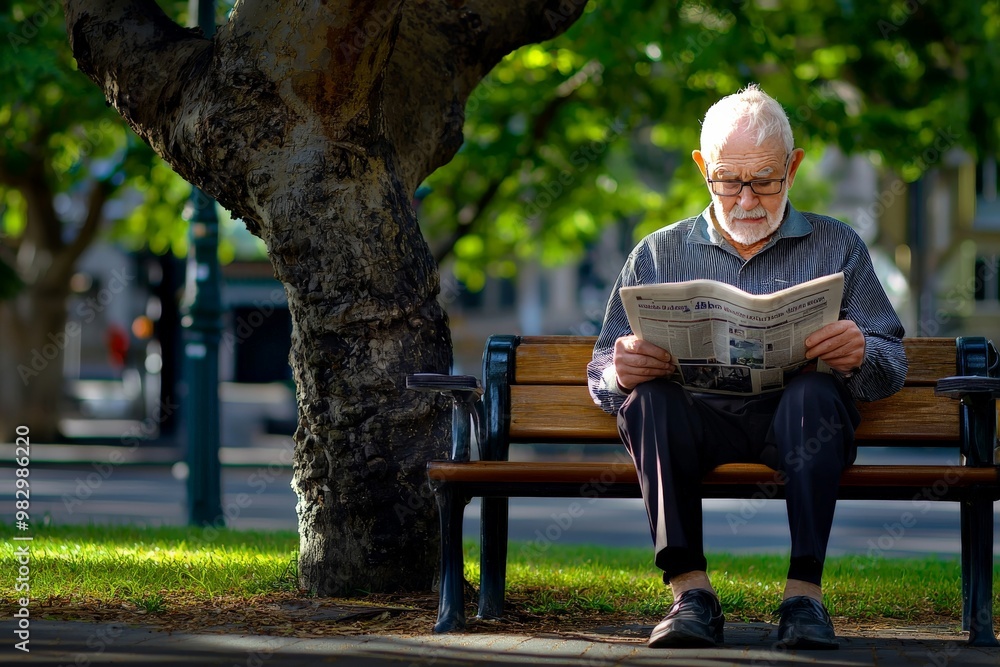Obraz premium An elderly man sitting on a park bench, reading a newspaper under the dappled shade of a large tree