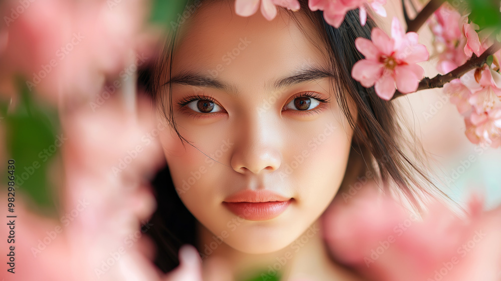 A close-up portrait of a woman framed by pink flowers, exuding beauty and tranquility. A close-up portrait of a woman framed by pink flowers, exuding beauty and tranquility.