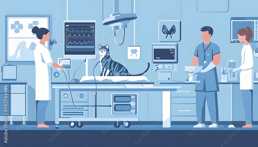 Veterinary team examining a cat in a modern clinic, showcasing care and professionalism in animal healthcare. Veterinary team examining a cat in a modern clinic, showcasing care and professionalism in animal healthcare.