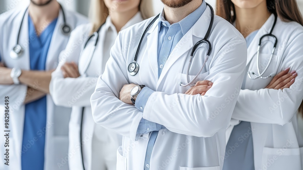 A group of doctors stand together in a line, all wearing white coats A group of doctors stand together in a line, all wearing white coats