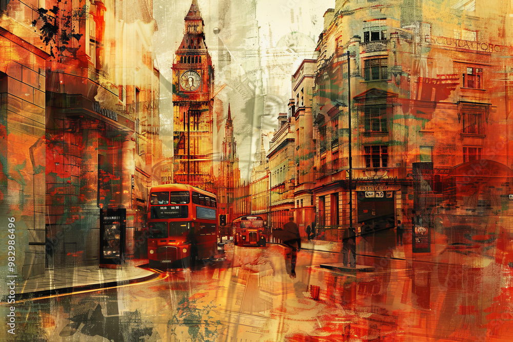 Fototapeta premium A painting of a city street with a clock tower in the background