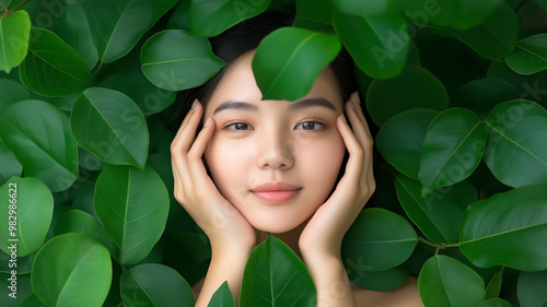 A serene portrait of a woman surrounded by lush green leaves, conveying harmony with nature and natural beauty.