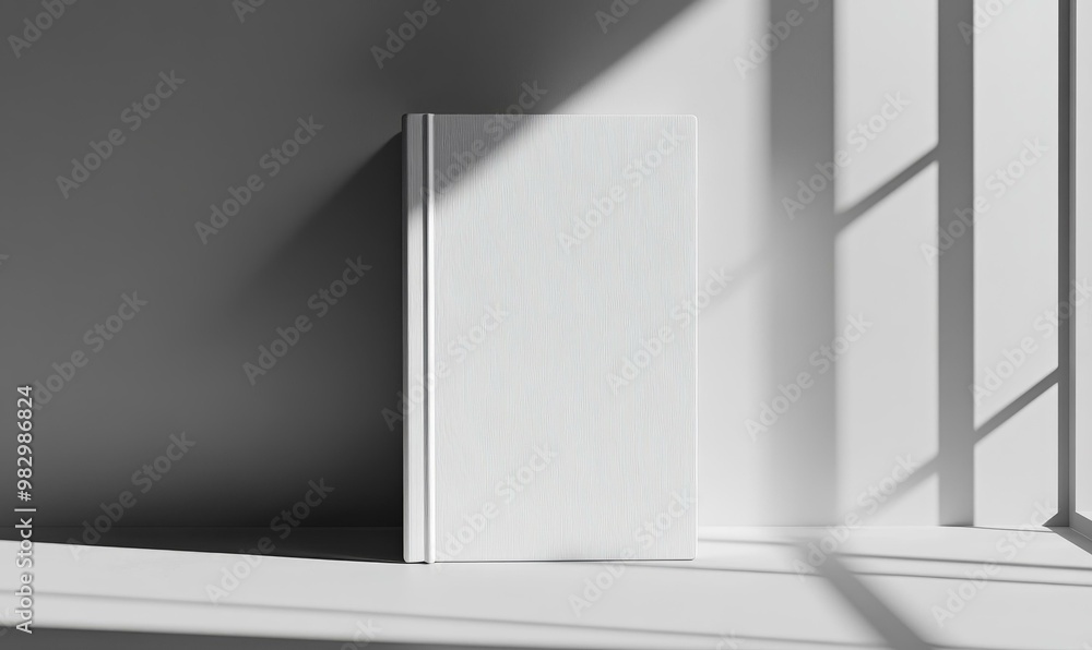 White book on a white shelf with light streaming in. White book on a white shelf with light streaming in.