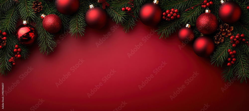 Festive Pine Branches on Red Background Festive Pine Branches on Red Background
