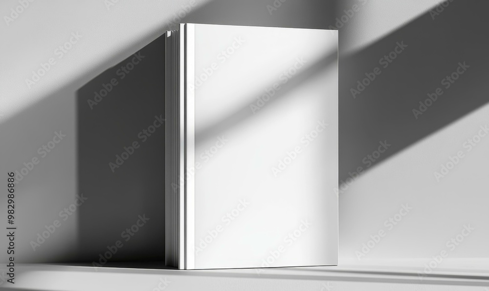 A blank white book standing on a white surface. A blank white book standing on a white surface.