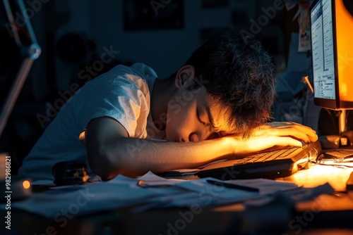 An exhausted worker slumped over a desk, papers scattered, but the light from the computer still glowing