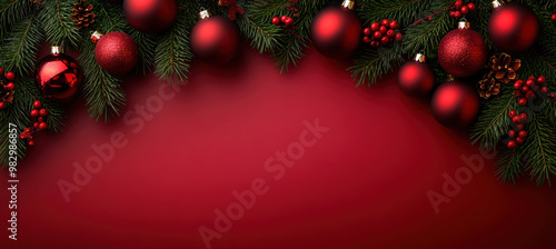 Festive Pine Branches on Red Background