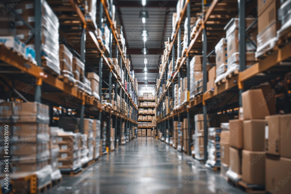 A warehouse with many boxes stacked on shelves A warehouse with many boxes stacked on shelves