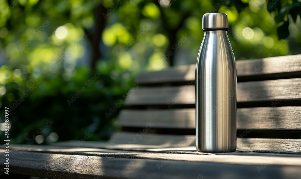 Stainless steel water bottle on a wooden bench. Stainless steel water bottle on a wooden bench.