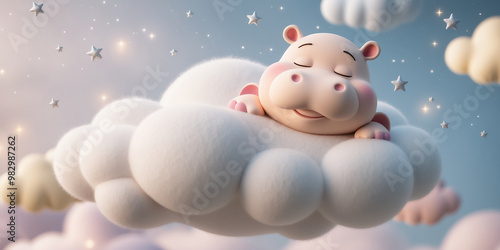 Little cute cartoon hippo sleeping on a cloud decoration photo