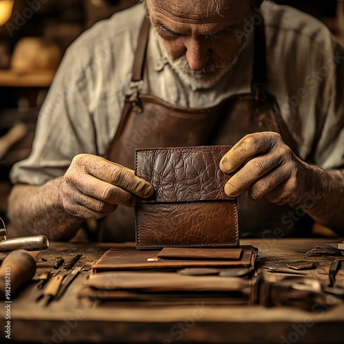 Skilled Artisan Crafting Leather Wallet with Tools