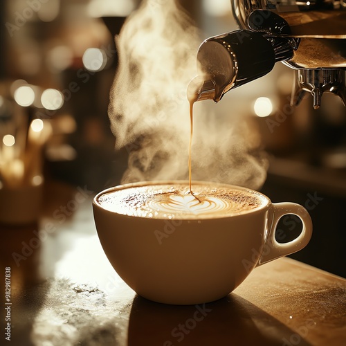 Warm Coffee Cup with Steam in Cozy Cafe Setting