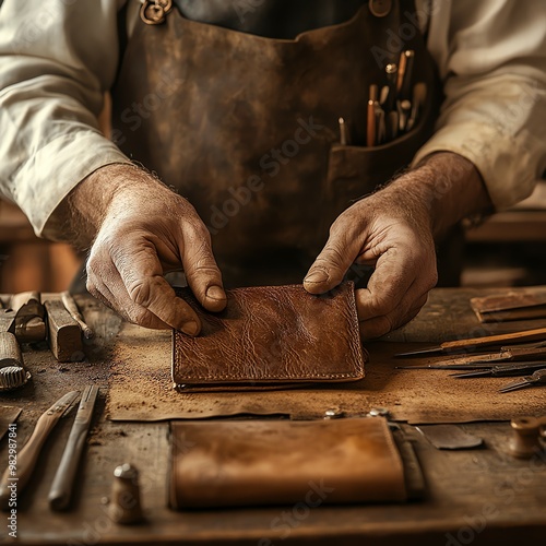 Artisan Craftsman Working with Leather in Workshop