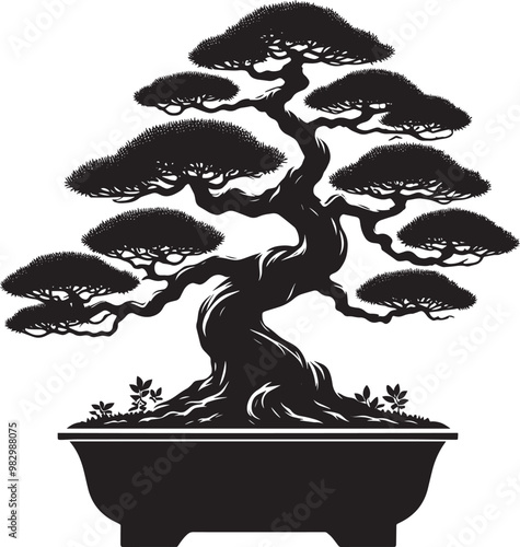 Beautiful bonsai tree silhouette vector illustration isolated on a white background