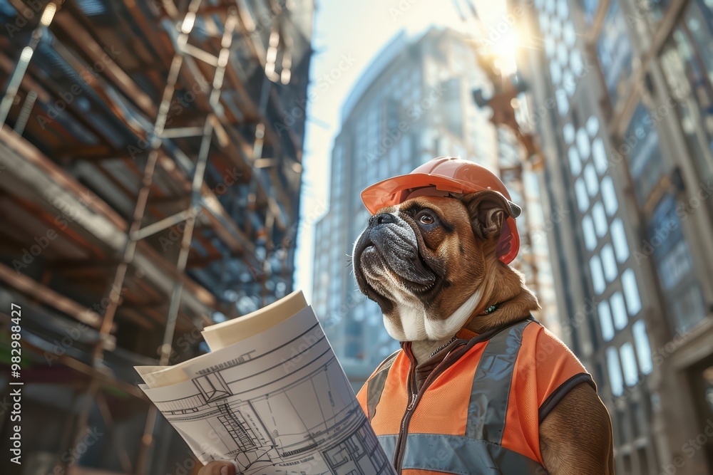 A humorous scene featuring a bulldog in a construction outfit, holding blueprints at a bustling construction site. A humorous scene featuring a bulldog in a construction outfit, holding blueprints at a bustling construction site.