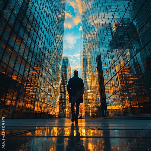 Urban Reflection at Sunset with Business Figure