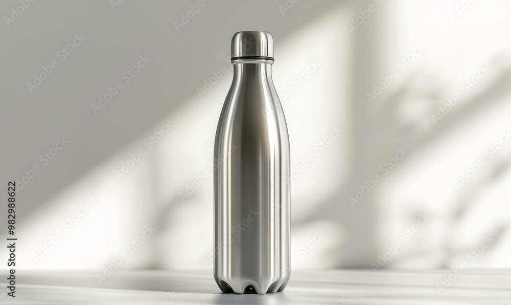 Silver water bottle on white table. Silver water bottle on white table.