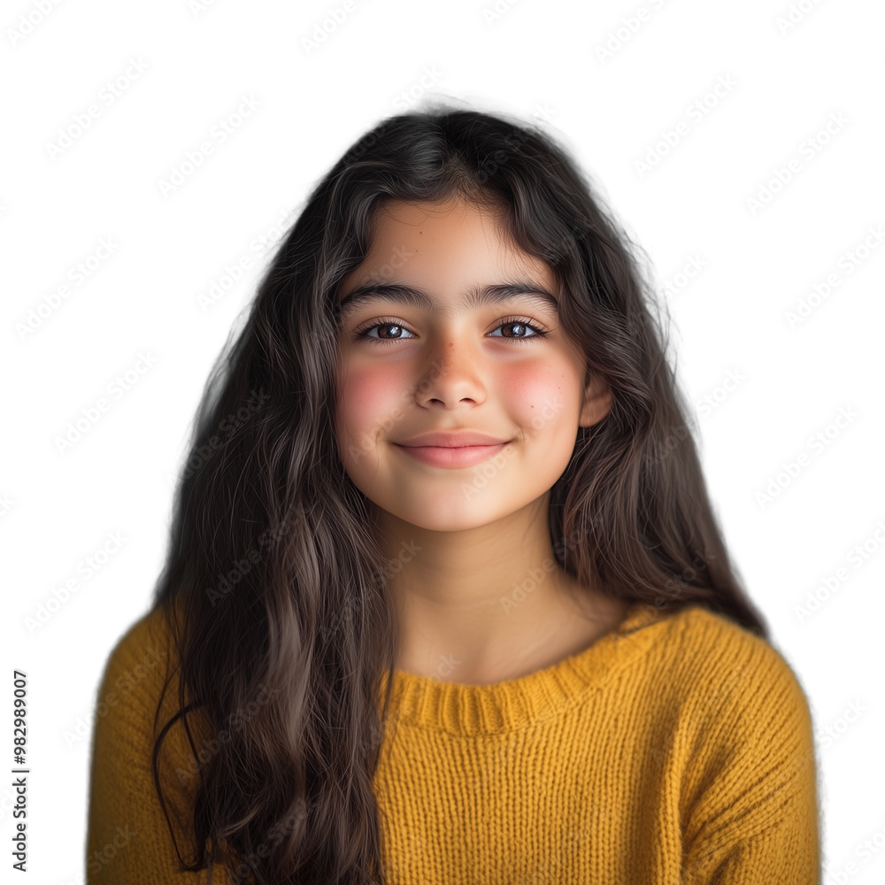 Smiling young girl with long dark hair wearing a yellow sweater, isolated on a transparent background Smiling young girl with long dark hair wearing a yellow sweater, isolated on a transparent background