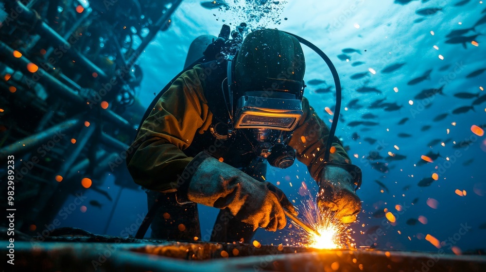 An underwater welder in full diving gear working on a submerged oil rig, sparks illuminating the dark blue ocean depths, with schools of fish swimming nearby, creating a surreal An underwater welder in full diving gear working on a submerged oil rig, sparks illuminating the dark blue ocean depths, with schools of fish swimming nearby, creating a surreal