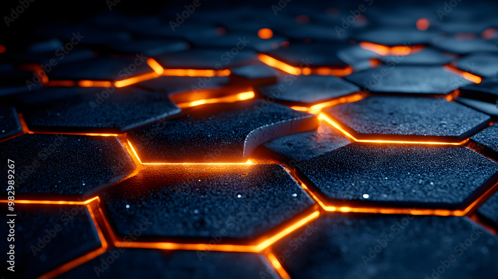 Hexagonal abstract metal background with orange light Hexagonal abstract metal background with orange light