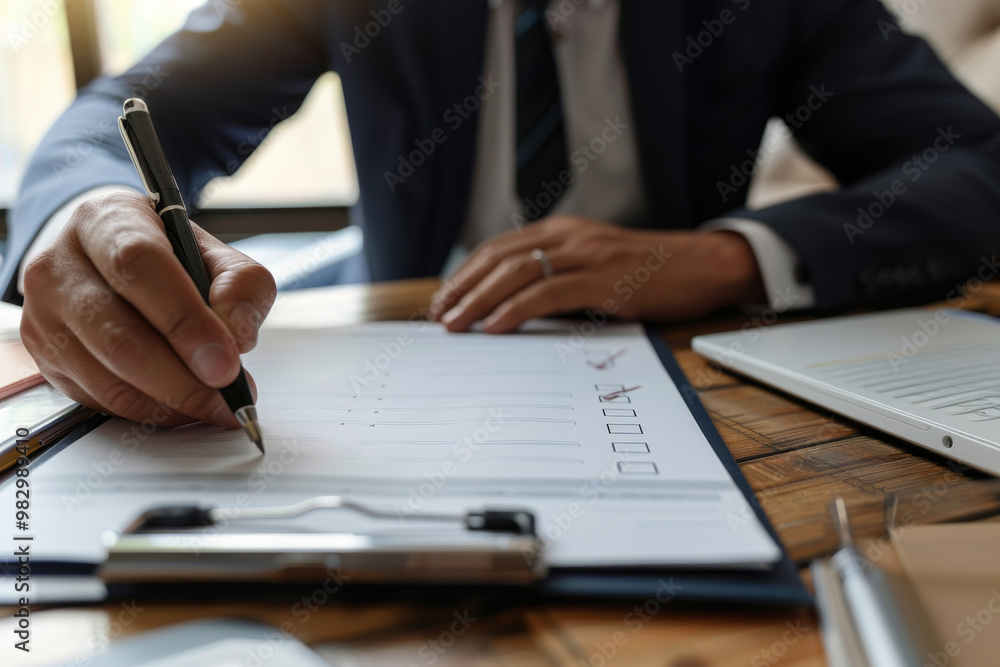 A man is writing on a piece of paper with a pen A man is writing on a piece of paper with a pen