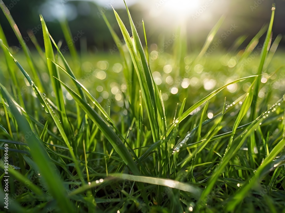 Obraz premium Green Grass Blades with Sunlight and Bokeh