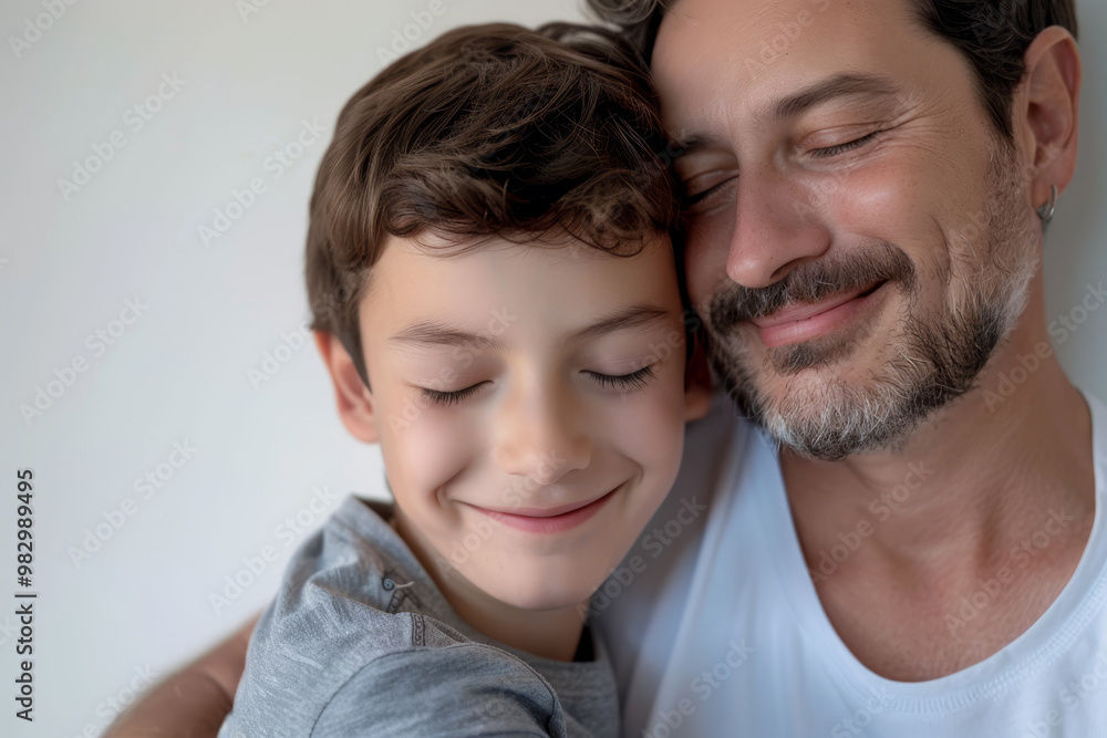 A man and a boy are hugging each other A man and a boy are hugging each other