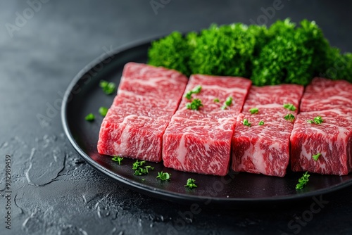 Cube wagyu marbled beef for yakiniku on black plate.