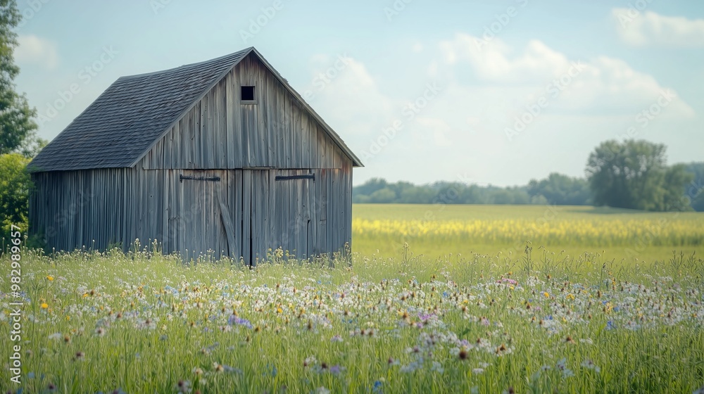 Rustic barn in a wildflower meadow on a summer day Rustic barn in a wildflower meadow on a summer day