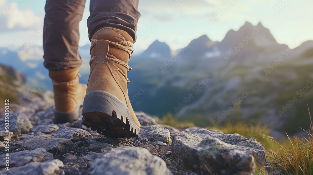 Close-up of hiking boots on a rocky mountain trail Close-up of hiking boots on a rocky mountain trail