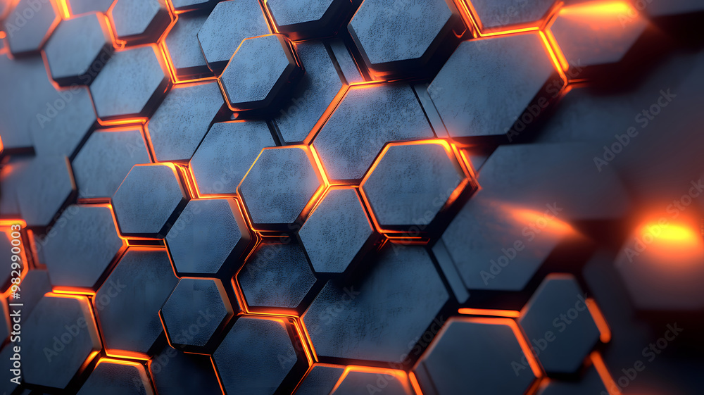 Hexagonal abstract metal background with orange light Hexagonal abstract metal background with orange light