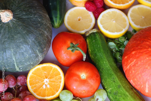 Wallpaper Mural Various seasonal fruits and vegetables on white background. Summer and fall produce. Selective focus. Torontodigital.ca