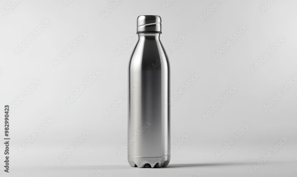 A silver water bottle on a white background. A silver water bottle on a white background.