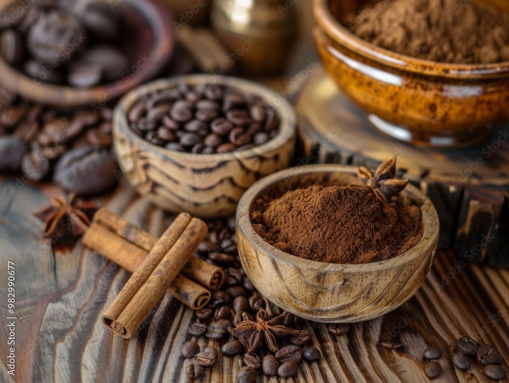 A rustic arrangement of spices, coffee beans, and aromatic herbs on a wooden table showcasing culinary creativity and warmth A rustic arrangement of spices, coffee beans, and aromatic herbs on a wooden table showcasing culinary creativity and warmth