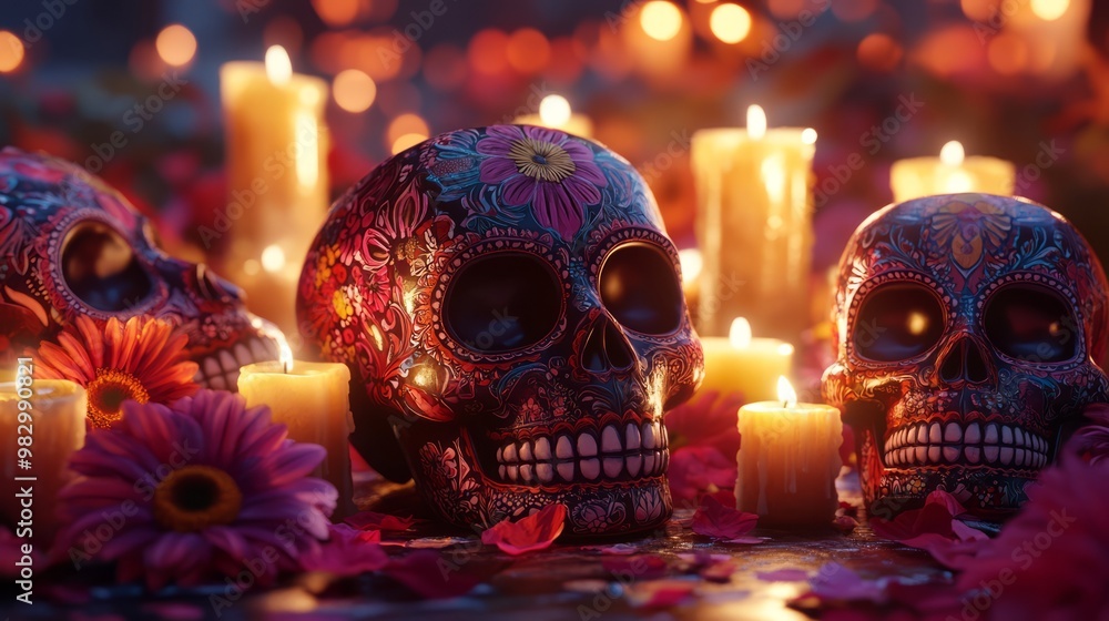 Immersive 3D Sugar Skull Scene: Intricate Patterns, Lifelike Candles & Flowers Immersive 3D Sugar Skull Scene: Intricate Patterns, Lifelike Candles & Flowers