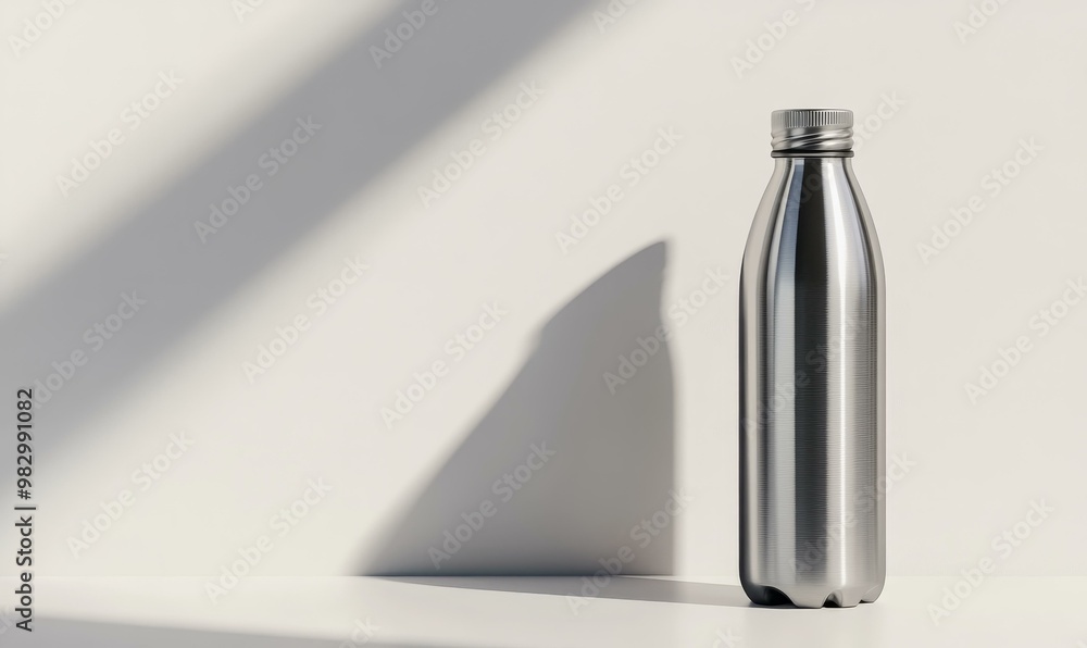 A single stainless steel water bottle stands on a white A single stainless steel water bottle stands on a white