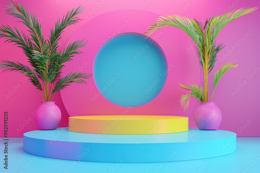 A vibrant and playful scene featuring colorful podiums and tropical plants against a bright pink backdrop. A vibrant and playful scene featuring colorful podiums and tropical plants against a bright pink backdrop.
