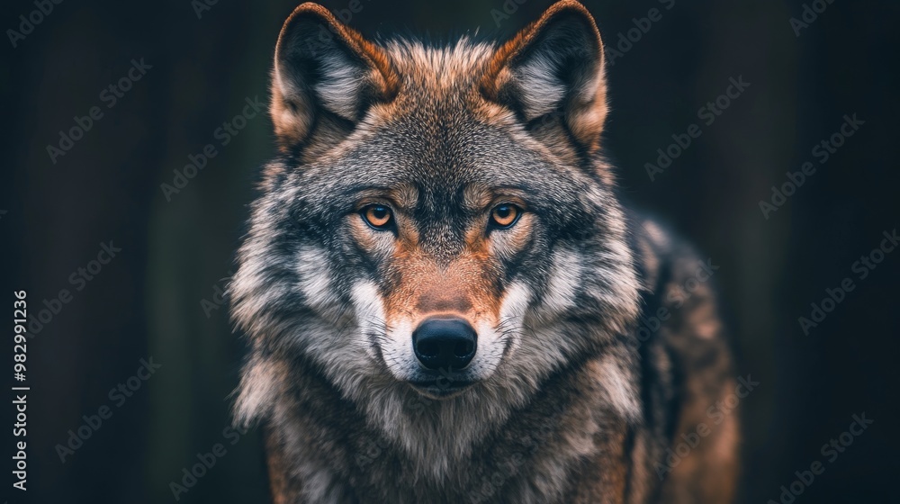 A scary wolf's face against a dark backdrop. A scary wolf's face against a dark backdrop.